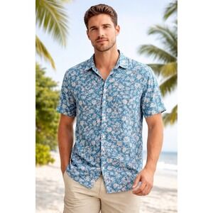 NWT Benson Aqua Floral‎ Short Sleeve Button-Up Shirt Men's Sm Lightweight Summer